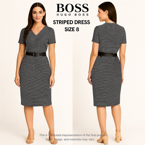Boss Dresses & Skirts - BOSS Striped Black White Belted Sheath Dress Size 8 Short Sleeve